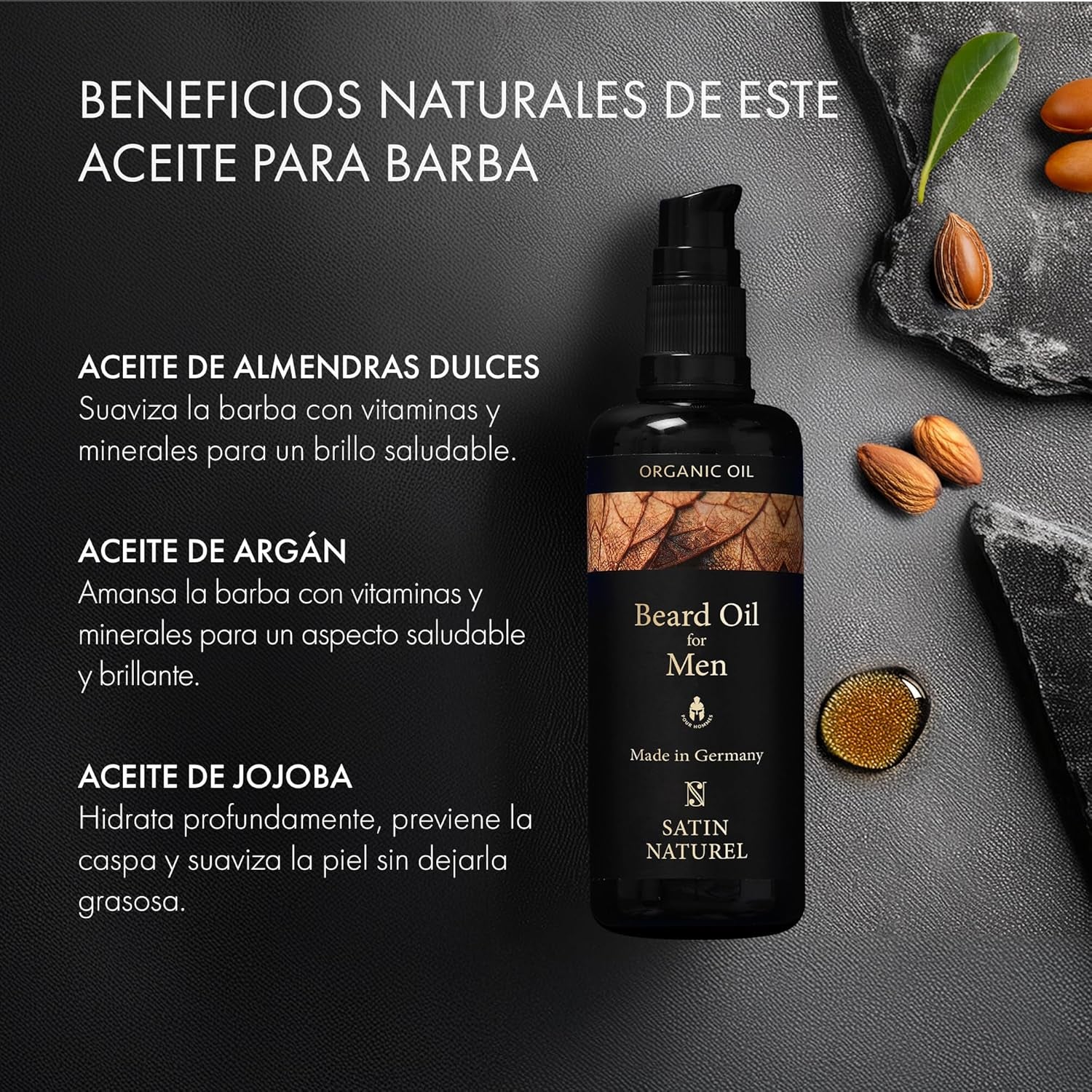 Aceite Barba Hombre ORGÁNICO 3 VECES MAYOR 100Ml - Cuidado De La Cara Y La Barba Con Aceite De Almendra - Crecimiento Barba - Dia Del Padre Regalos - Regalos Originales Para Hombre Por Satin Naturel