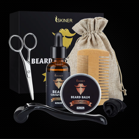 Kit Premium Completo para el Crecimiento de Barba SKINER: Aceite, Bálsamo, Derma Roller y Más. 100% Natural.